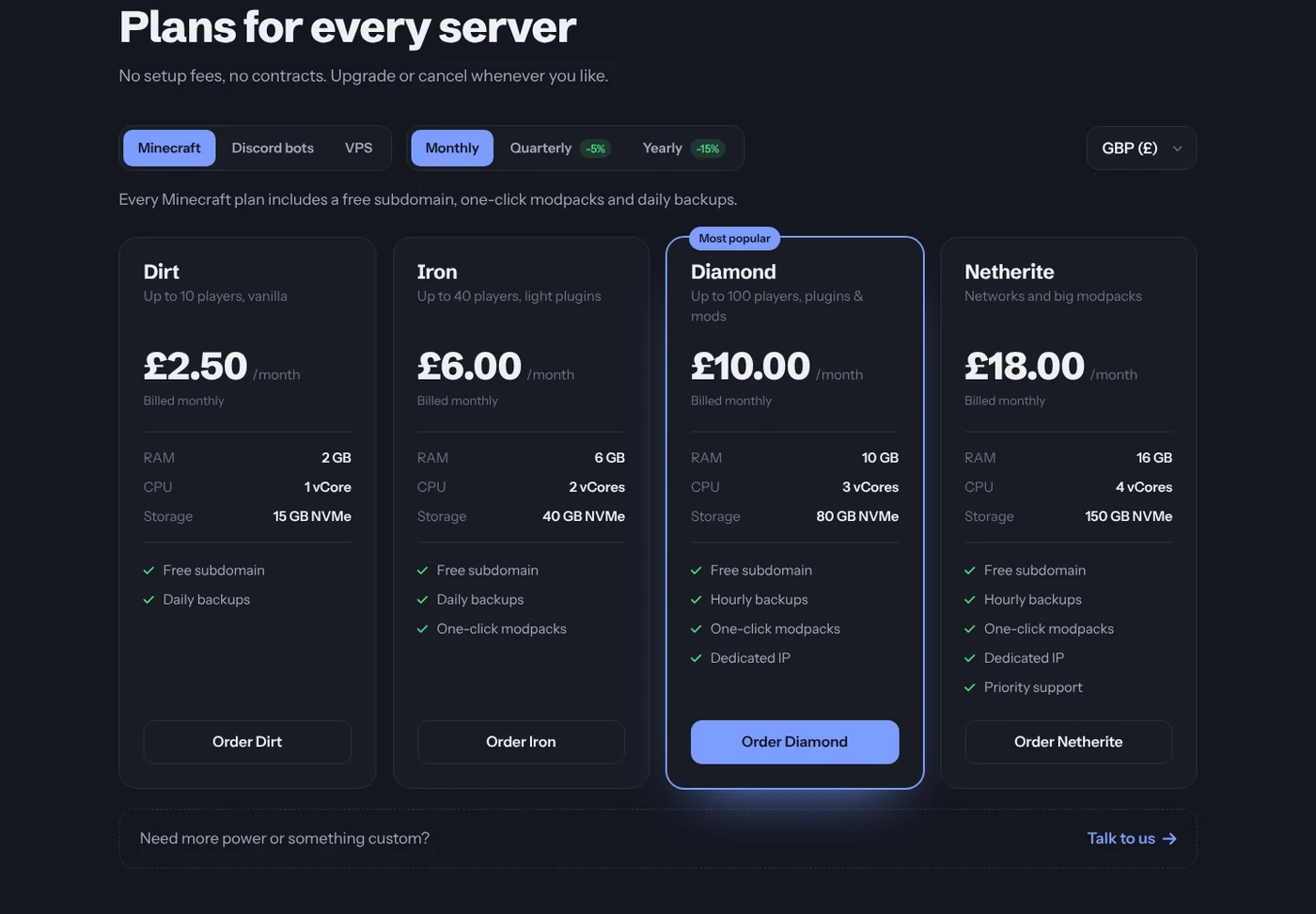 Hostfront plans with tabs, billing cycles and currency switcher