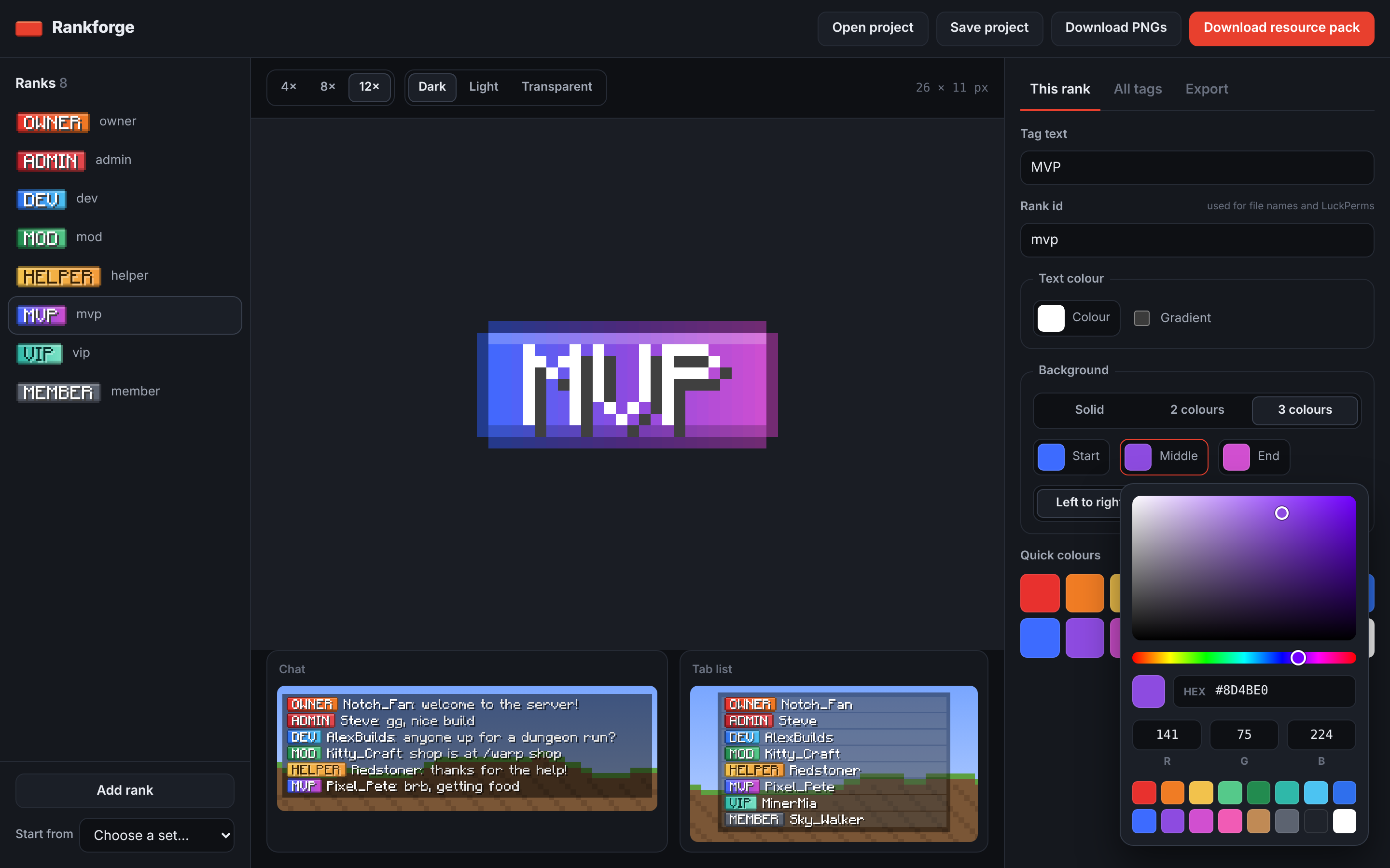 Rankforge editor with the colour picker